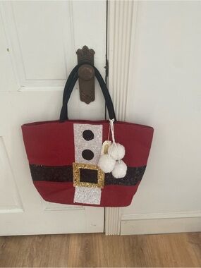 Mud Pie Santa Christmas Tote Bag Red Burlap Sequins Pom Pom Holiday Bag